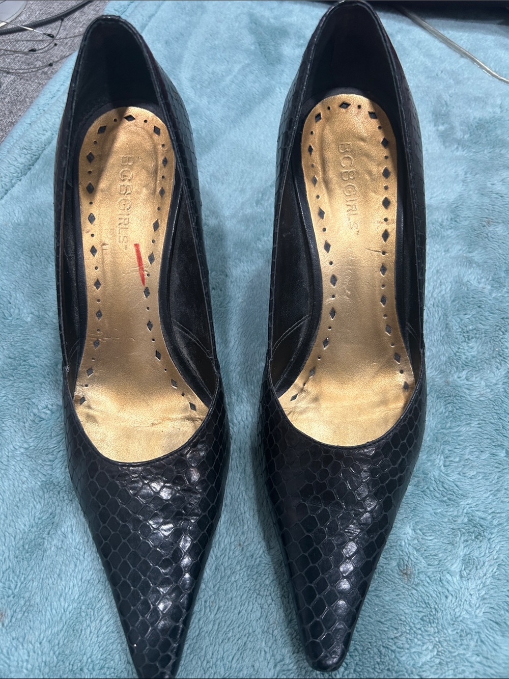 BCBGeneration Black Faux Snakepoint Pump with Gold Insole